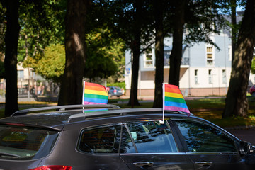 Rainbow flags on a car.