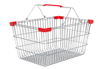 Metallic empty supermarket shopping basket, 3D rendering