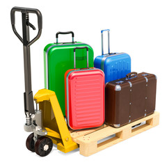 Naklejka premium Pallet jack with baggage. Luggage Delivery Service concept. 3D rendering