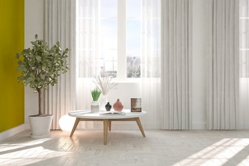 White empty room with table and flower. Scandinavian interior design. 3D illustration