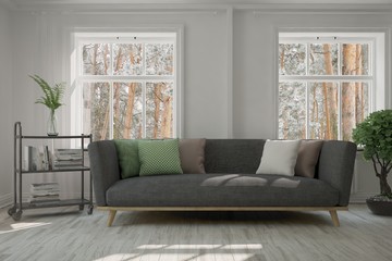 Idea of white minimalist room with sofa. Scandinavian interior design. 3D illustration