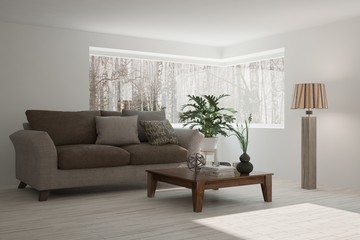 White room with sofa and winter landscape in window. Scandinavian interior design. 3D illustration