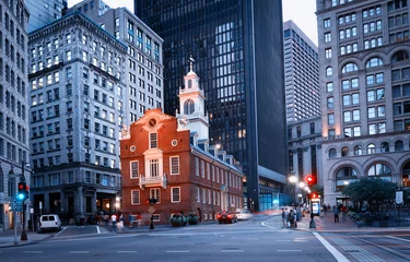 Acrylic prints Historic building Old State House at night in Boston, USA