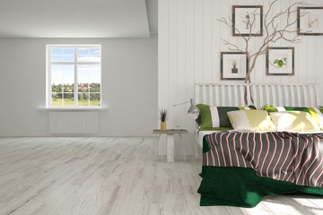 Inspiration of white minimalist  bedroom with summer landscape in window. Scandinavian interior design. 3D illustration