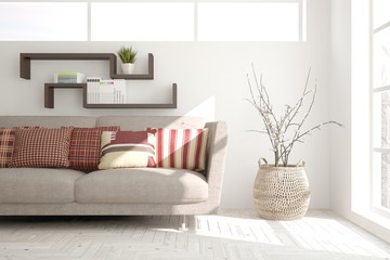 Idea of white minimalist room with sofa. Scandinavian interior design. 3D illustration