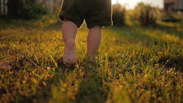 Little baby learns to walk. Slow Motion. Child to do the first steps on a green grass in summer at sunset. Close up on feet.