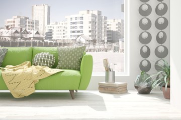 White room with sofa and urban landscape in window. Scandinavian interior design. 3D illustration