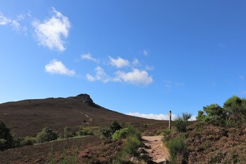 Mountain path under blue sky with fluffy white clouds
