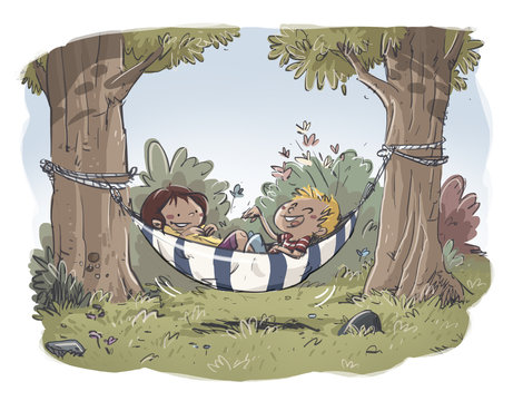 ni&ntilde;os en una hamaca en el bosque