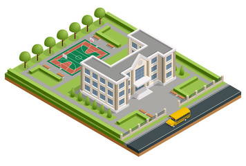 Isometric public school building. Exterior school building with a sports stadium, a school bus and a park. Vector illustration icon or infographic element