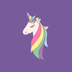 vector pink unicorn beautiful for girls, festive purple, for birthday. head of a unicorn with a horn and mane