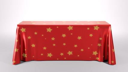 Trade show exhibition advertising table format. Rectangle Tablecloth red with yellow stars. 3d render illustration.