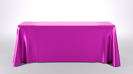 Trade show exhibition advertising table format. Rectangle Tablecloth purple. 3d render illustration.