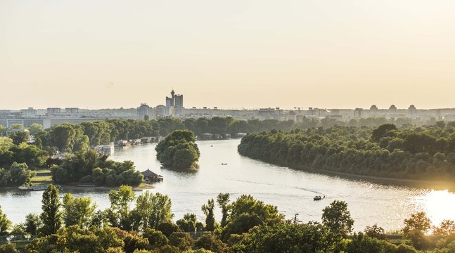 Belgrade landscape of usce and danube river.