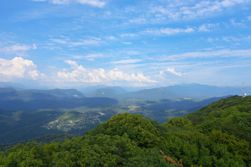 View of mountains from observation deck of the Tower on the mountain Big Ahun
