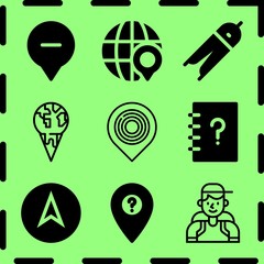 Simple 9 icon set of map related location, globe, global warming and contacts vector icons. Collection Illustration