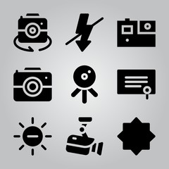 Simple 9 icon set of camera related gopro, camera, night mode and cctv vector icons. Collection Illustration