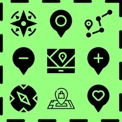 Simple 9 icon set of map related location, compass, location and location vector icons. Collection Illustration