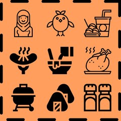 Simple 9 icon set of cooking related salt and pepper, chicken, roast chicken and malaysian vector icons. Collection Illustration