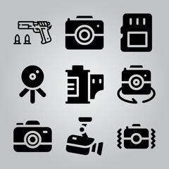 Simple 9 icon set of camera related memory card, web cam, photo camera and camera vector icons. Collection Illustration