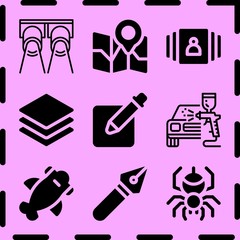 Simple 9 icon set of art related spider, shark, gallery and map vector icons. Collection Illustration