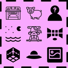 Simple 9 icon set of art related night, monkey, battery and question vector icons. Collection Illustration
