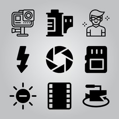 Simple 9 icon set of camera related camera, memory card, flash and action camera vector icons. Collection Illustration