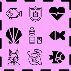 Simple 9 icon set of life related seashell, heartbeat, fish and water bottle vector icons. Collection Illustration