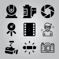 Simple 9 icon set of camera related celebrity, film strip, webcam and white balance vector icons. Collection Illustration
