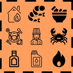 Simple 9 icon set of cooking related food, fire, chef and fire vector icons. Collection Illustration