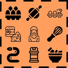 Simple 9 icon set of cooking related mixer, eel, rolling pin and condiments vector icons. Collection Illustration