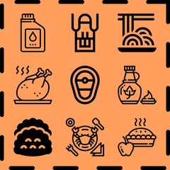 Simple 9 icon set of cooking related syrup, steak, roast chicken and apron vector icons. Collection Illustration