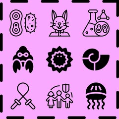 Simple 9 icon set of life related rabbit, hermit crab, seashell and bacteria vector icons. Collection Illustration