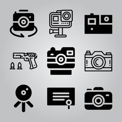 Simple 9 icon set of camera related web cam, gopro, photo camera and shooting vector icons. Collection Illustration