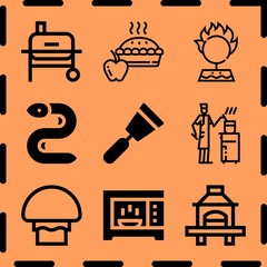 Simple 9 icon set of cooking related spatula, apple pie, barbecue and chef vector icons. Collection Illustration
