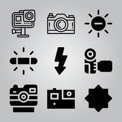 Simple 9 icon set of camera related night mode, camera, gopro and action camera vector icons. Collection Illustration