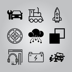 Simple 9 icon set of electronics related battery, browser, car repair and rocket vector icons. Collection Illustration