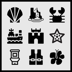 Simple 9 set of Summer related sand castle, summer starfish, waterfall and crab vector icons
