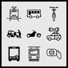 Simple 9 icon set of car related car breakdown, tram, motorcycle side view and car repair vector icons. Collection Illustration