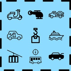 Simple 9 icon set of travel related motorcycle, car, cable car and bus with a compass vector icons. Collection Illustration