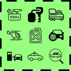 Simple 9 icon set of service related helicopter, gasoline, truck and room key vector icons. Collection Illustration