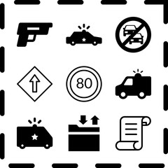 Simple 9 icon set of law related one way, police van, speed limit and legal paper vector icons. Collection Illustration