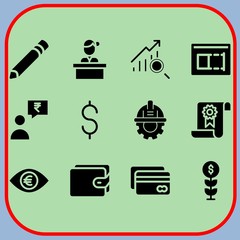 Simple 12 icon set of business related wallet, certificate, pencil and dollar vector icons. Collection Illustration