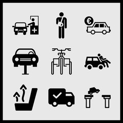 Simple 9 icon set of car related accident, car sale in euros, car cut bridge and ticket booth with cross sign vector icons. Collection Illustration