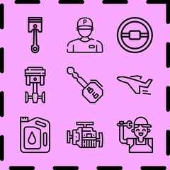 Simple 9 icon set of car related gasoline, motor, parking worker and airplane outline pointing left vector icons. Collection Illustration