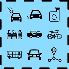 Simple 9 icon set of travel related route, hail on the car, car and puncture in a wheel vector icons. Collection Illustration