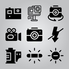 Simple 9 icon set of camera related video camera, gopro, white balance and camera vector icons. Collection Illustration
