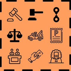 Simple 9 icon set of legal related parking ticket, auction, jury and parking ticket vector icons. Collection Illustration