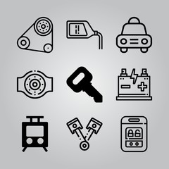 Simple 9 icon set of electronics related battery, car key, car engine and car vector icons. Collection Illustration