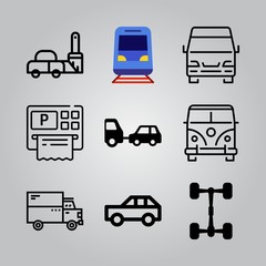 Simple 9 icon set of transport related train, car, parking and van vector icons. Collection Illustration
